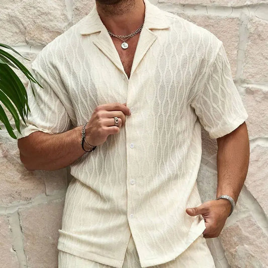 Men Tracksuits Summer Fashion Solid Loose Casual Two Pieces Lapel Button Shirt Shorts Beach Holiday All-match Outfits Male - Ricks Fashion