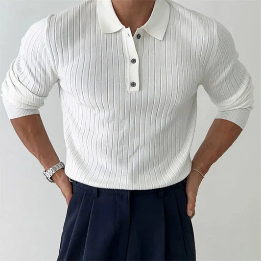 Men's Leisure Knit Polo Shirt Long Sleeve Button-down Premium Luxury Solid Color Popular Pullover Knitwear Streetwear Clothing - Ricks Fashion