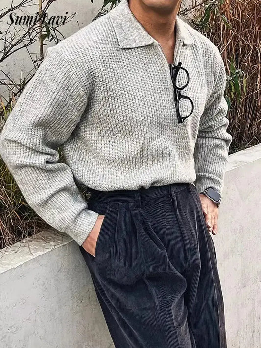 Streetwear Vintage Polo Collar Jumper Tops Men Spring Trendy Solid Color Zip-up Long Sleeve Knit Polo Shirt For Mens Sweaters - Ricks Fashion