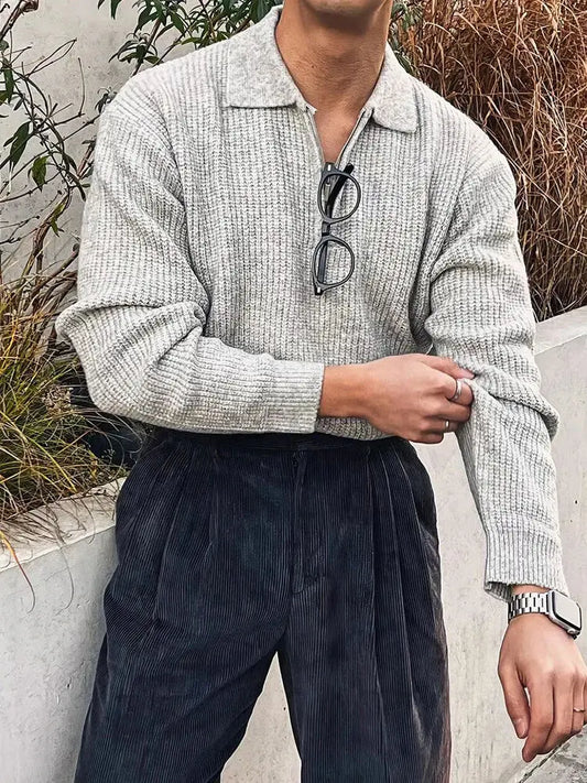Streetwear Vintage Polo Collar Jumper Tops Men Spring Trendy Solid Color Zip-up Long Sleeve Knit Polo Shirt For Mens Sweaters - Ricks Fashion