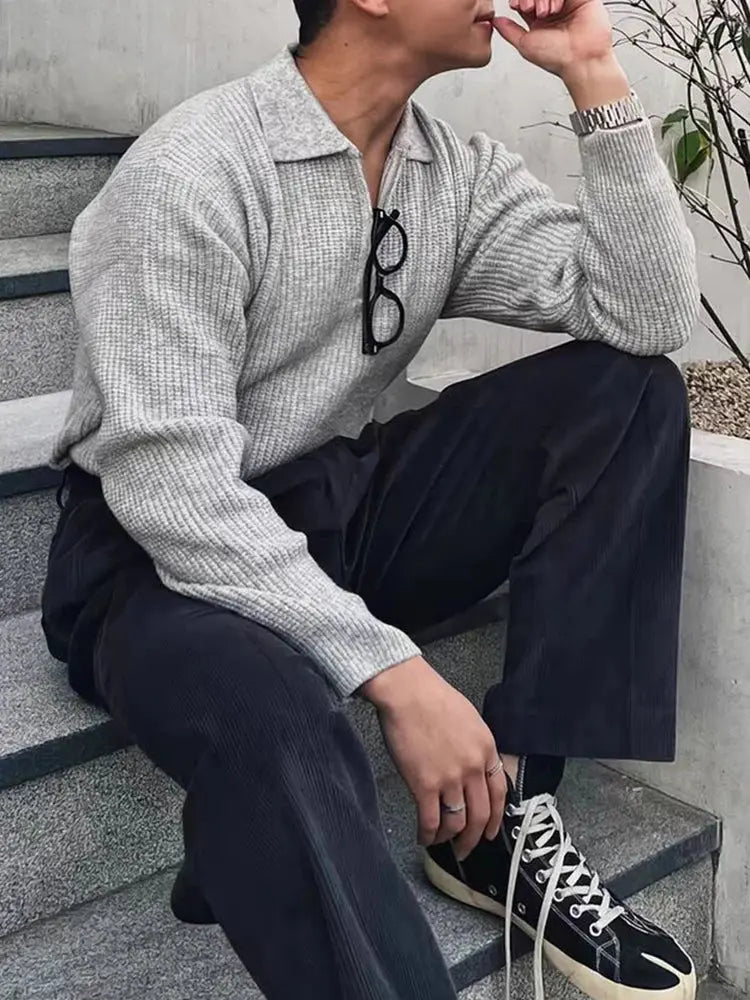 Streetwear Vintage Polo Collar Jumper Tops Men Spring Trendy Solid Color Zip-up Long Sleeve Knit Polo Shirt For Mens Sweaters - Ricks Fashion