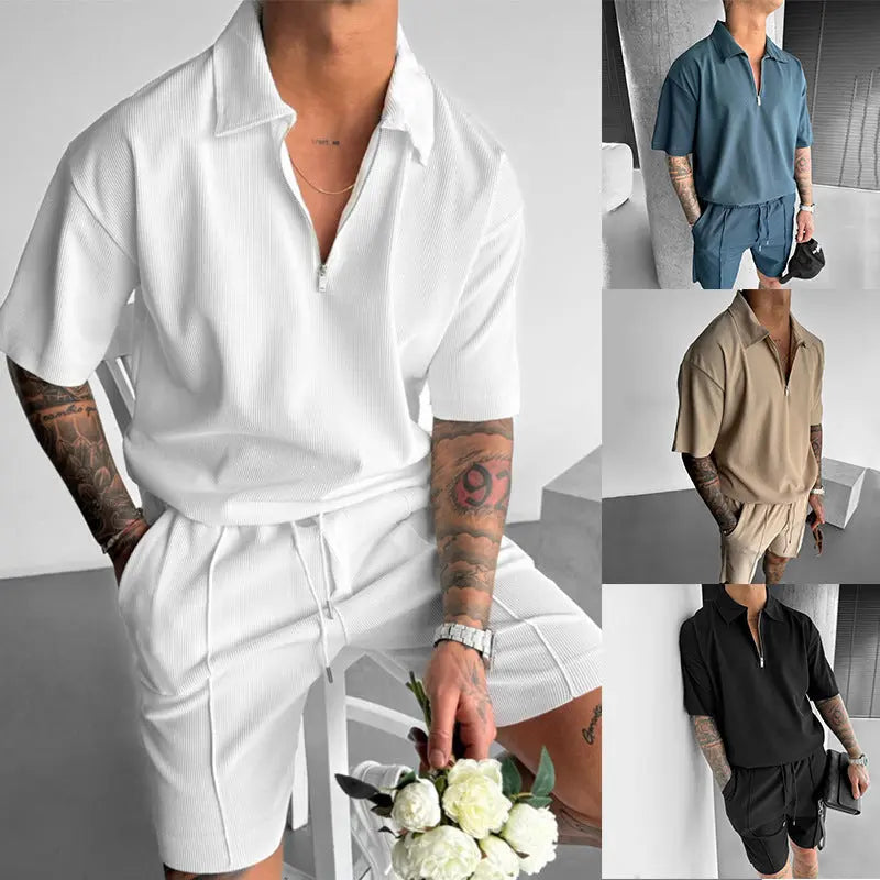 Summer Fashion Mens Clothing  Men's Suits New Zipper Polo Casual Short Sleeve Drawstring Shorts Men's Set - Ricks Fashion
