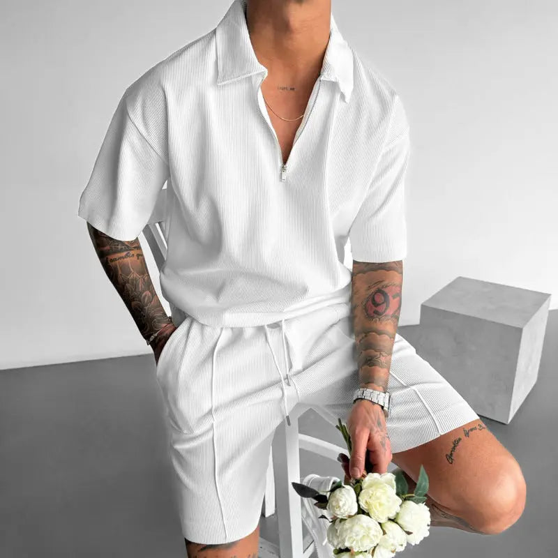 Summer Fashion Mens Clothing  Men's Suits New Zipper Polo Casual Short Sleeve Drawstring Shorts Men's Set - Ricks Fashion