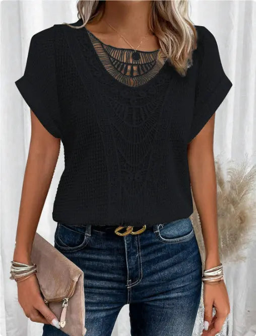 Summer Hollow Out Short-sleeved T-shirt Fashion Ethnic Style Tops Women's Clothing - Ricks Fashion