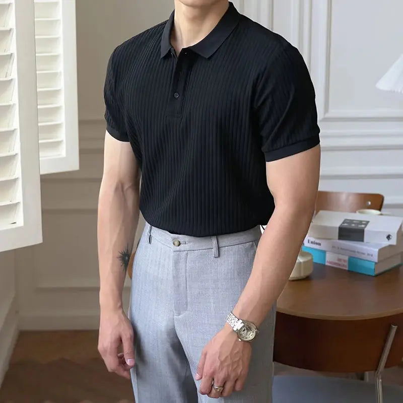 Vertical Stripe Knit Polo Men's Shirts Summer New Slim Solid Color Breathable Turn-Down Collar Business Short Sleeve Polo Tops - Ricks Fashion