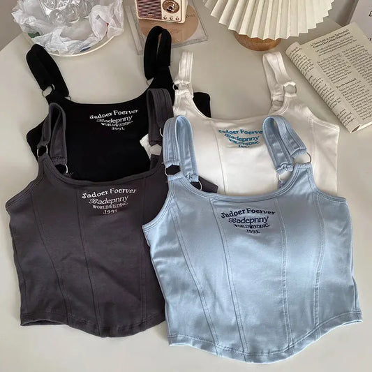 Women Crop Top Summer Y2K Lrregular Hem Slim Tank Tops Casual Sexy Female White Streetwear Letter Tank Tops With Pad Woman - Ricks Fashion